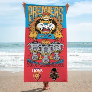 Brisbane Lions Three-Peat Back-To-Back-To-Back 2024-2026 AFL Premiers Cartoon Mascot Microfiber Beach Towel
