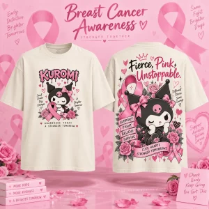 Kuromi Breast Cancer Awareness Pink Ribbon Graphic Cream T-Shirt
