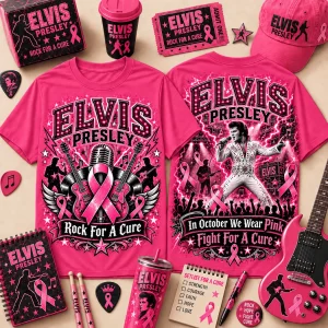 Elvis Presley Breast Cancer Awareness Rock For A Cure Pink Ribbon Graphic T-Shirt Elvis Presley Breast Cancer Awareness Rock For A Cure Pink Ribbon Graphic T-Shirt
