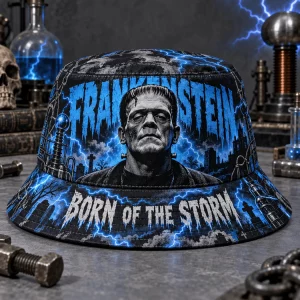 Frankenstein Born of the Storm Classic Horror Electric Blue Lightning Bucket Hat