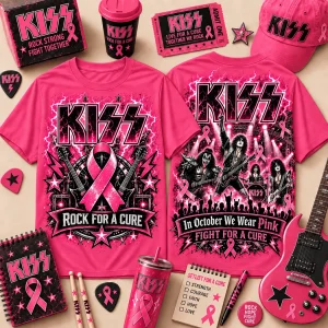 KISS Breast Cancer Awareness Pink Ribbon Rock For A Cure Graphic T-Shirt KISS Breast Cancer Awareness Pink Ribbon Rock For A Cure Graphic T-Shirt