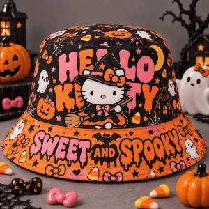 Hello Kitty Halloween Witch Sweet and Spooky Graphic Print Autumn Fashion Bucket Hat