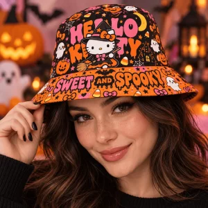 Hello Kitty Halloween Witch Sweet and Spooky Graphic Print Autumn Fashion Bucket Hat Hello Kitty Halloween Witch Sweet and Spooky Graphic Print Autumn Fashion Bucket Hat