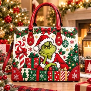 Grinch Christmas Festive Holiday Premium Top-Handle Leather Handbag