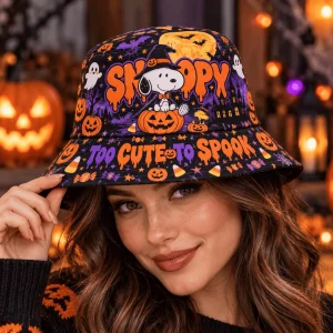 Snoopy Peanuts Halloween Too Cute To Spooky Witch Pumpkin Graphic Bucket Hat