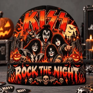 KISS Rock the Night Halloween Flames Graphic Print Winter Knit Beanie Hat