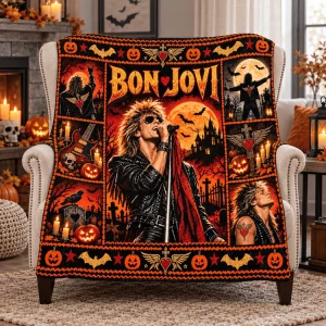 Bon Jovi Halloween Rock Band Spooky Orange Moon Cozy Fleece Blanket