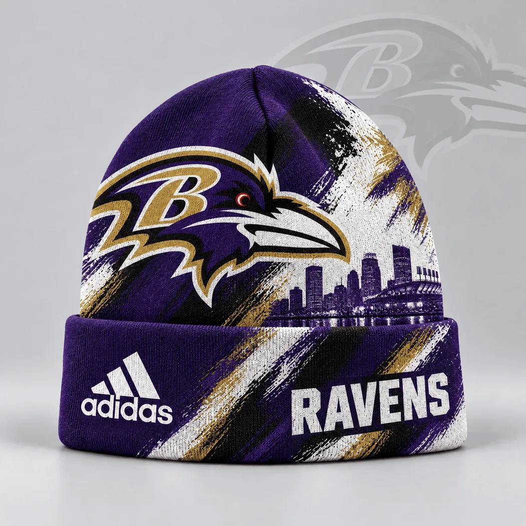 Baltimore Ravens NFL Urban Skyline Distressed Brushstroke Cuffed Beanie Hat Baltimore Ravens NFL Urban Skyline Distressed Brushstroke Cuffed Beanie Hat