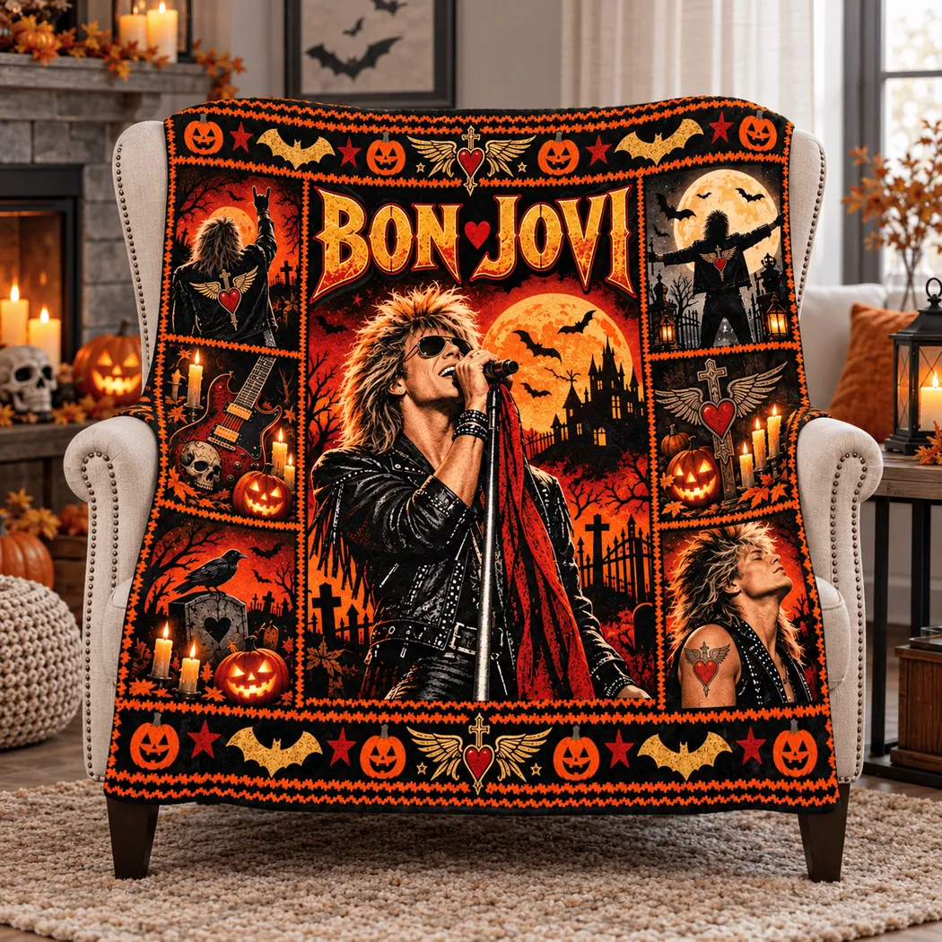 Bon Jovi Halloween Rock Band Spooky Orange Moon Cozy Fleece Blanket Bon Jovi Halloween Rock Band Spooky Orange Moon Cozy Fleece Blanket