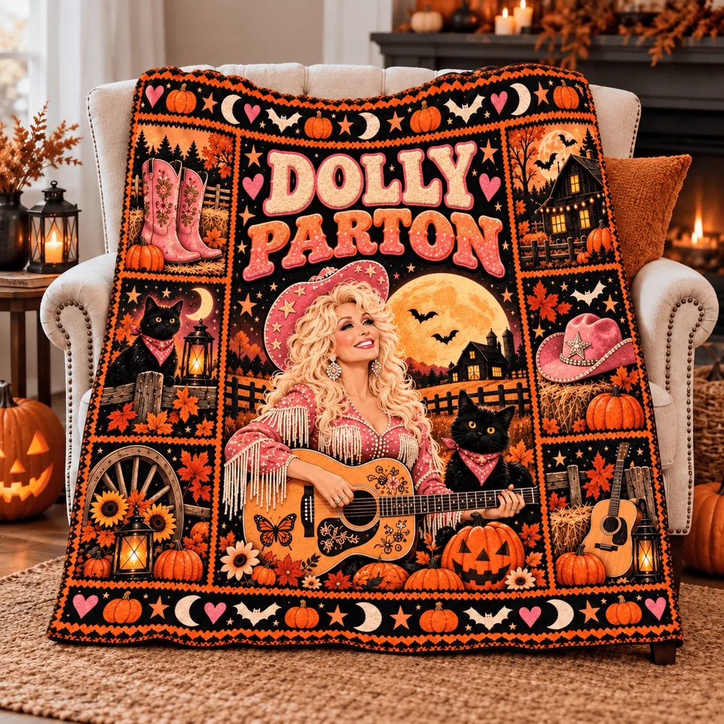 Dolly Parton Country Halloween Cozy Autumn Pumpkin and Black Cat Fleece Blanket Dolly Parton Country Halloween Cozy Autumn Pumpkin and Black Cat Fleece Blanket