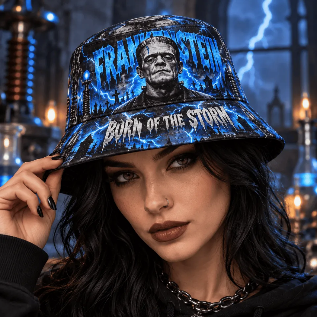 Frankenstein Born of the Storm Classic Horror Electric Blue Lightning Bucket Hat Frankenstein Born of the Storm Classic Horror Electric Blue Lightning Bucket Hat