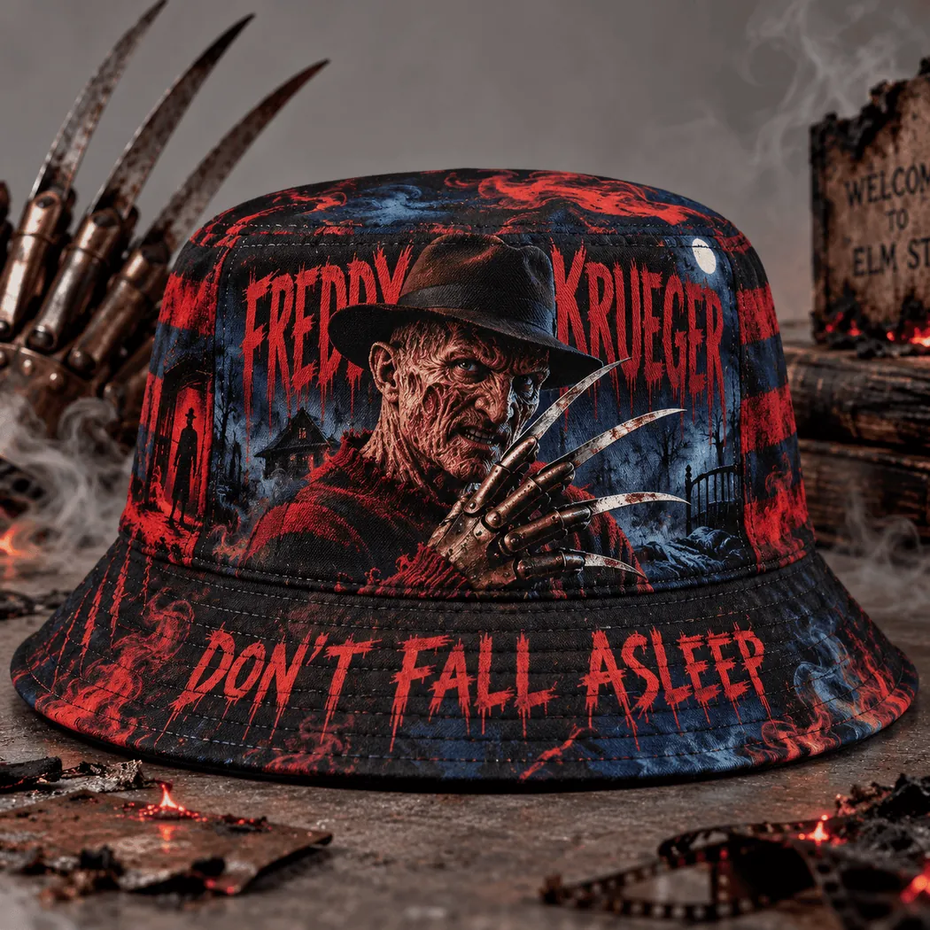 Freddy Krueger Nightmare on Elm Street Vintage Horror Movie Graphic Bucket Hat Freddy Krueger Nightmare on Elm Street Vintage Horror Movie Graphic Bucket Hat