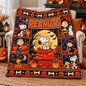 Peanuts Snoopy Halloween Doghouse and Pumpkin Patch Cozy Fleece Blanket