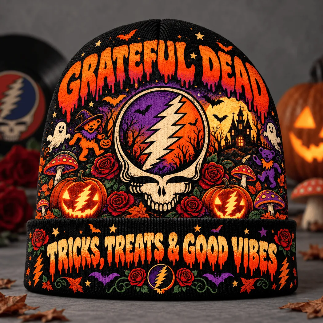 Grateful Dead Steal Your Face Halloween Tricks and Treats Graphic Knit Beanie Hat Grateful Dead Steal Your Face Halloween Tricks and Treats Graphic Knit Beanie Hat