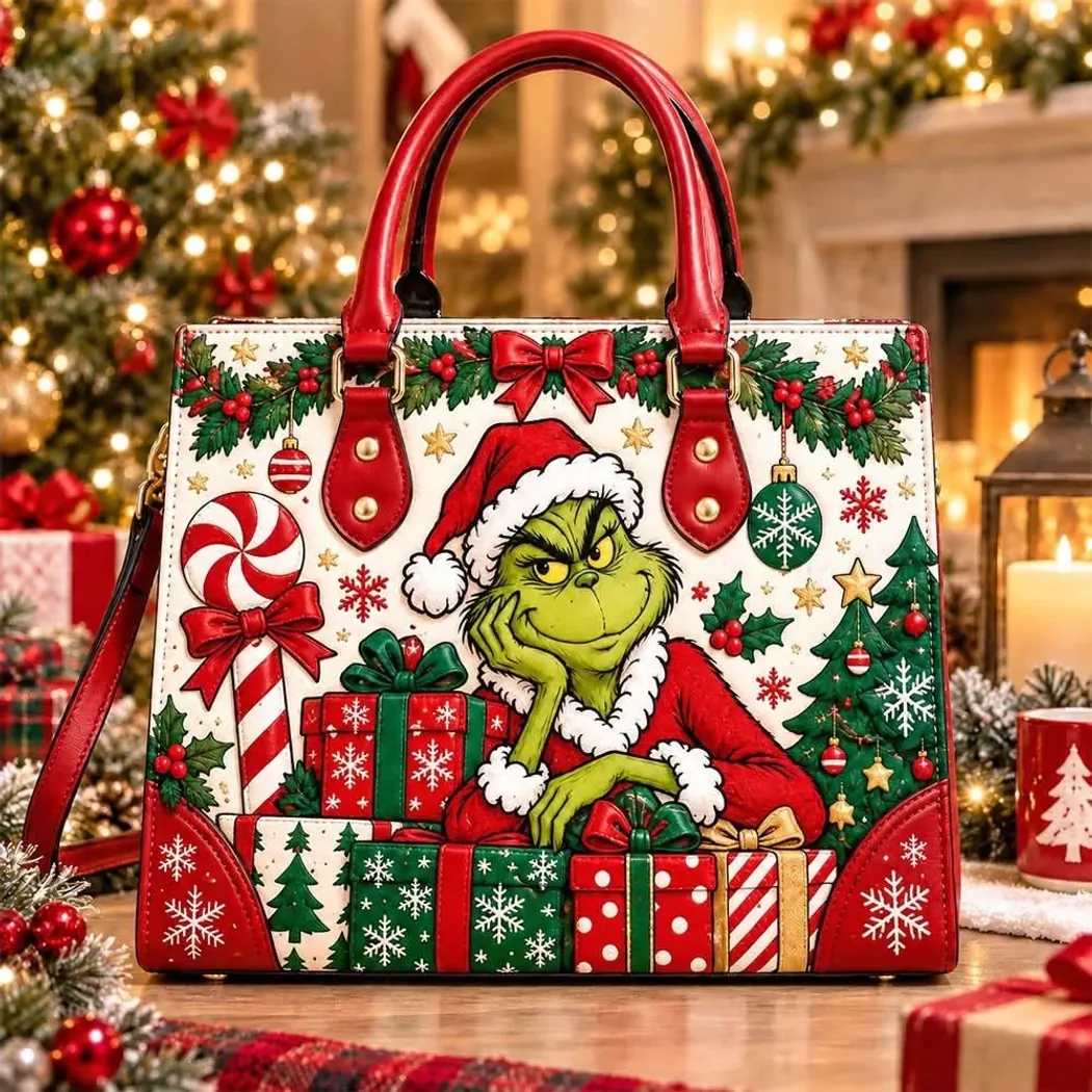 Grinch Christmas Festive Holiday Premium Top-Handle Leather Handbag Grinch Christmas Festive Holiday Premium Top-Handle Leather Handbag