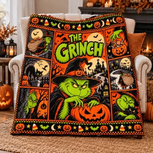The Grinch Halloween Spooky Pumpkin Witch Hat Cozy Fleece Blanket