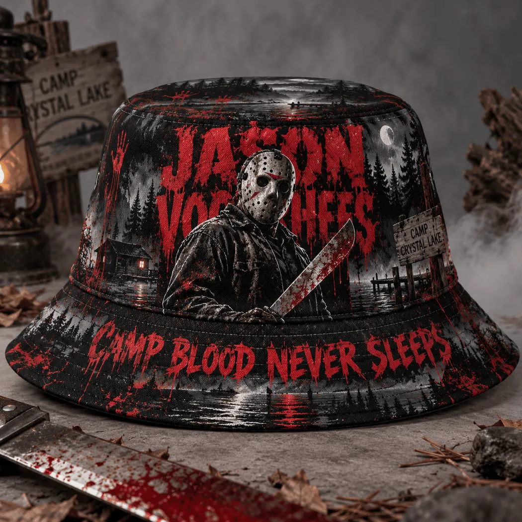 Jason Voorhees Friday the 13th Camp Crystal Lake Horror Movie Graphic Bucket Hat Jason Voorhees Friday the 13th Camp Crystal Lake Horror Movie Graphic Bucket Hat