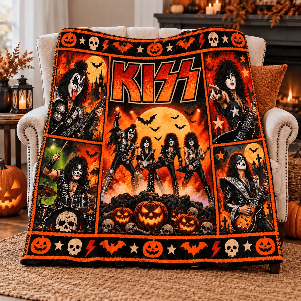 Kiss Band Halloween Spooky Jack-O-Lantern and Skull Gothic Rock Cozy Fleece Blanket Kiss Band Halloween Spooky Jack-O-Lantern and Skull Gothic Rock Cozy Fleece Blanket