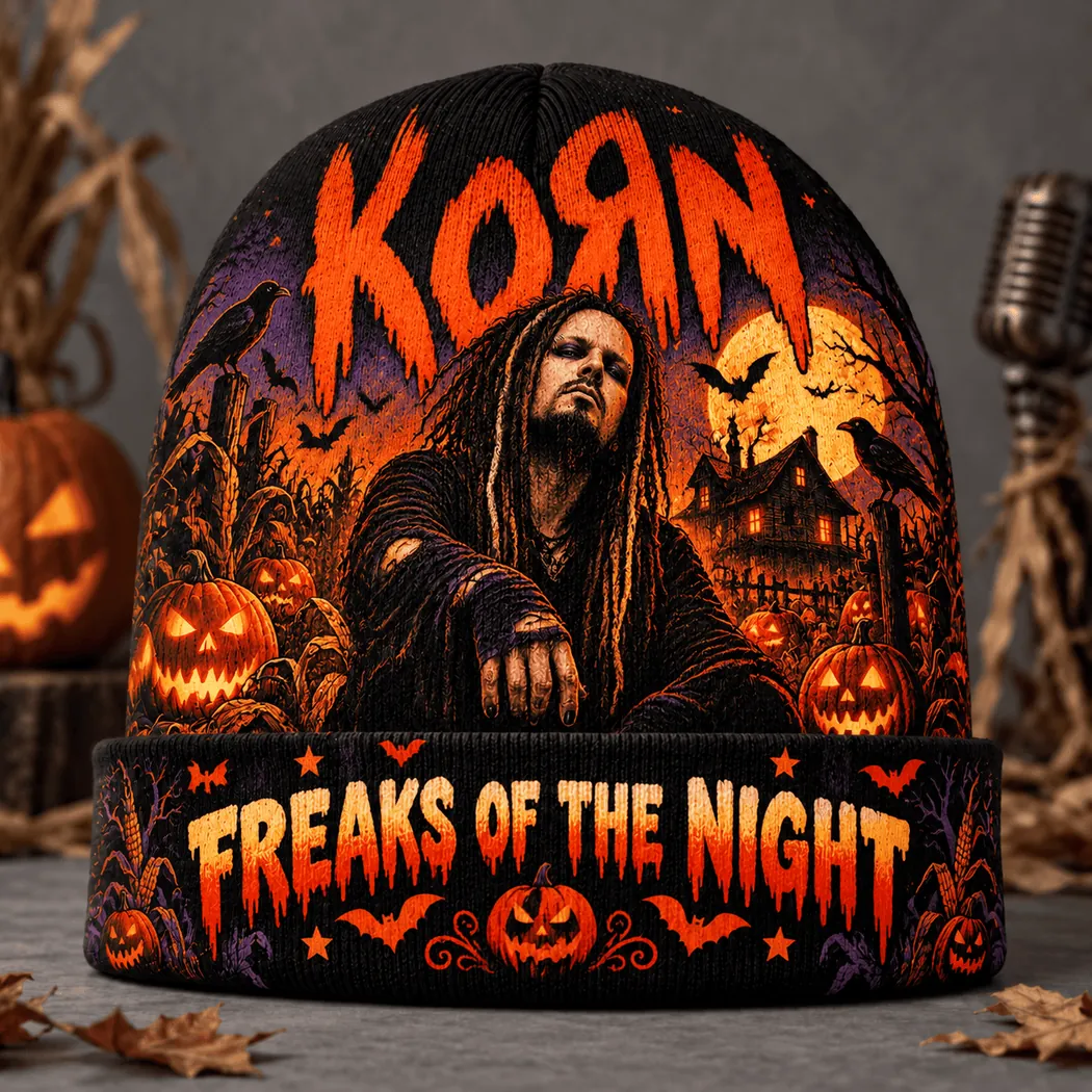 Korn Freaks of the Night Halloween Cemetery Gothic Nu Metal Graphic Knit Beanie Hat Korn Freaks of the Night Halloween Cemetery Gothic Nu Metal Graphic Knit Beanie Hat