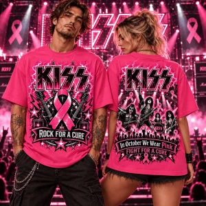 KISS Breast Cancer Awareness Pink Ribbon Rock For A Cure Graphic T-Shirt