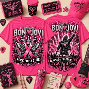 Bon Jovi Rock For A Cure Breast Cancer Awareness Pink Ribbon Graphic T-Shirt Bon Jovi Rock For A Cure Breast Cancer Awareness Pink Ribbon Graphic T-Shirt