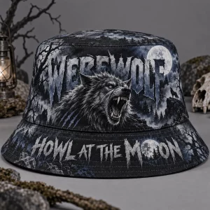 Werewolf Howl at the Moon Gothic Horror Graphic Print Streetwear Bucket Hat