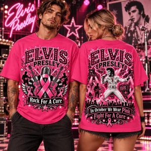 Elvis Presley Breast Cancer Awareness Rock For A Cure Pink Ribbon Graphic T-Shirt