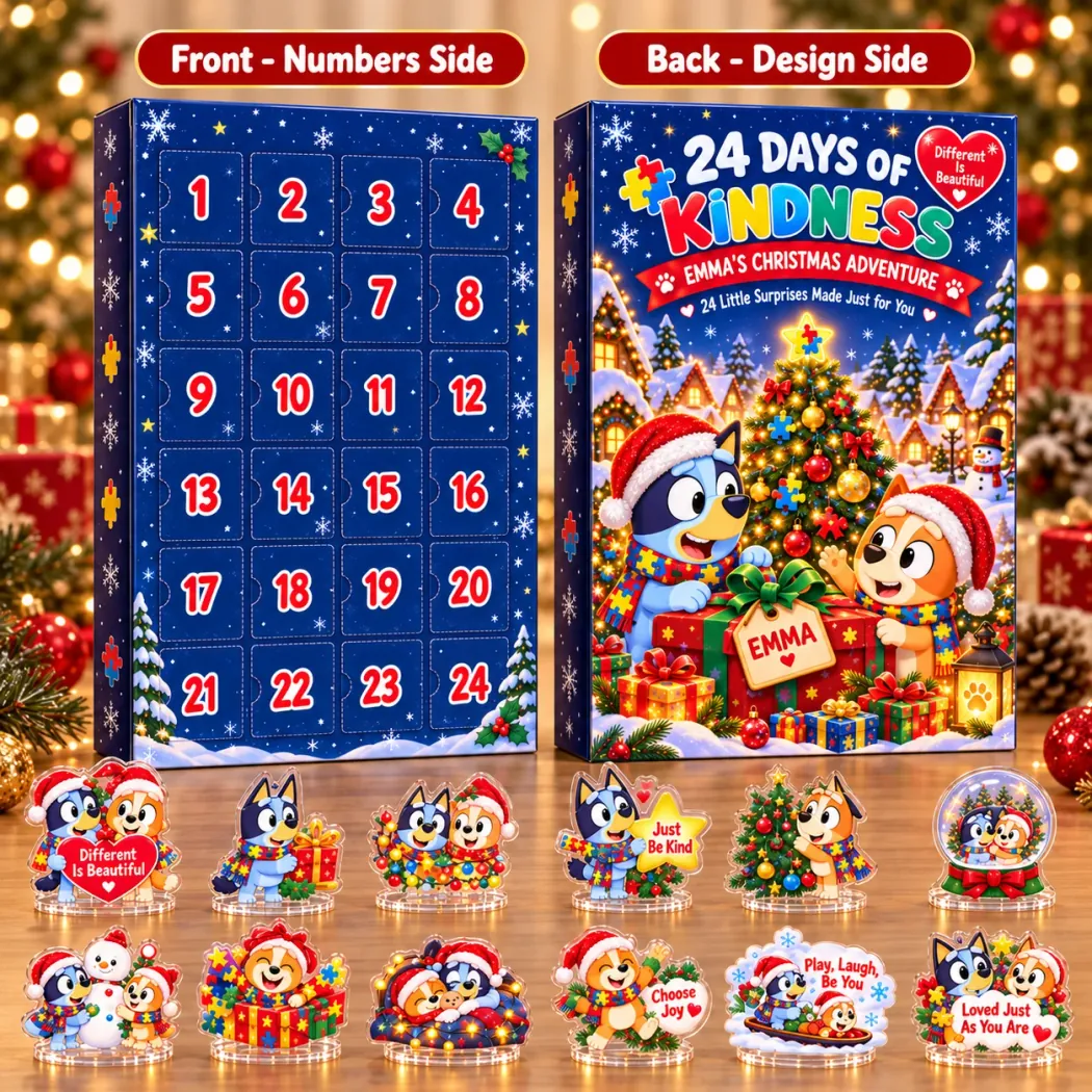 Personalized Autism Awareness Bluey Dog Christmas 24 Days Countdown Box with Acrylic Standees Advent Calendar Personalized Autism Awareness Bluey Dog Christmas 24 Days Countdown Box with Acrylic Standees Advent Calendar