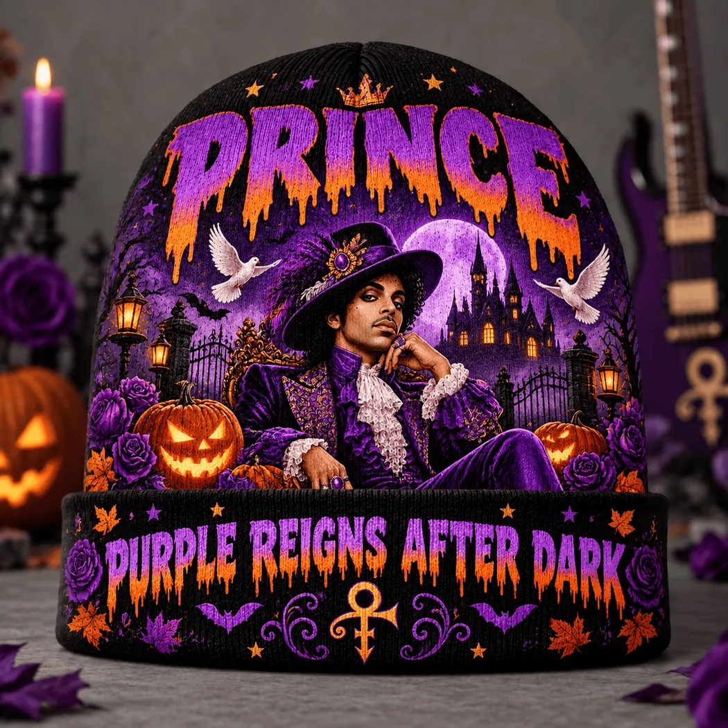 Prince Purple Reigns After Dark Halloween Gothic Graphic Print Knit Beanie Hat Prince Purple Reigns After Dark Halloween Gothic Graphic Print Knit Beanie Hat