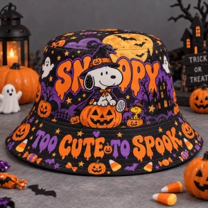 Snoopy Peanuts Halloween Too Cute To Spooky Witch Pumpkin Graphic Bucket Hat