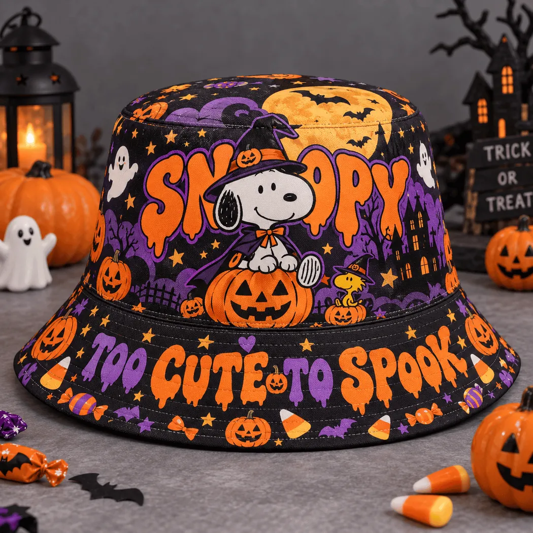 Snoopy Peanuts Halloween Too Cute To Spooky Witch Pumpkin Graphic Bucket Hat Snoopy Peanuts Halloween Too Cute To Spooky Witch Pumpkin Graphic Bucket Hat