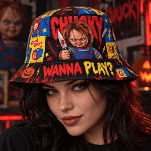 Chucky Child’s Play Horror Movie Wanna Play Graphic Halloween Bucket Hat Chucky Child’s Play Horror Movie Wanna Play Graphic Halloween Bucket Hat