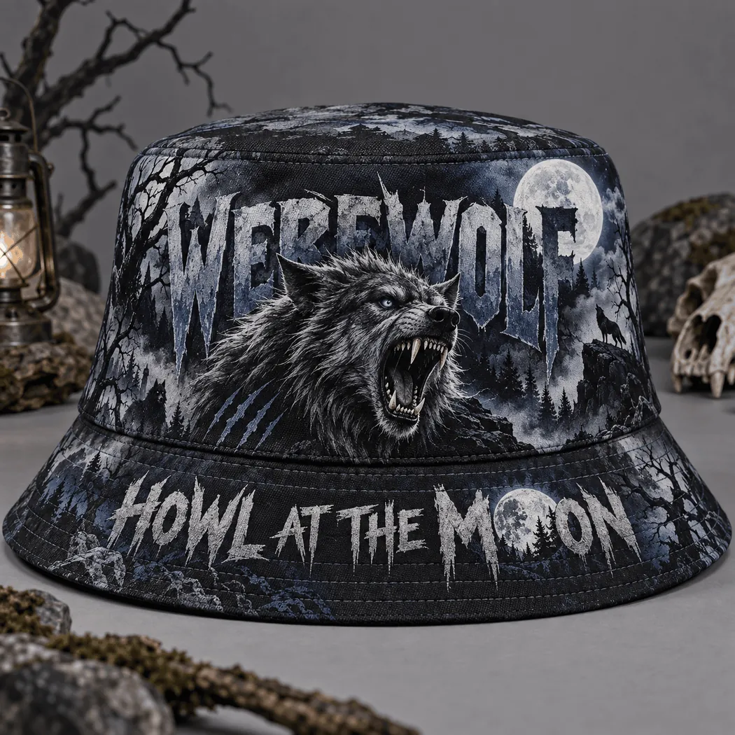 Werewolf Howl at the Moon Gothic Horror Graphic Print Streetwear Bucket Hat Werewolf Howl at the Moon Gothic Horror Graphic Print Streetwear Bucket Hat