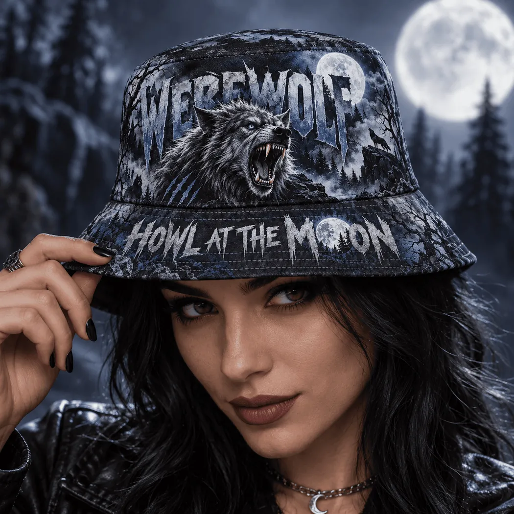 Werewolf Howl at the Moon Gothic Horror Graphic Print Streetwear Bucket Hat Werewolf Howl at the Moon Gothic Horror Graphic Print Streetwear Bucket Hat