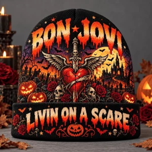 Bon Jovi Livin On A Scare Halloween Gothic Graphic Print Knit Beanie Hat